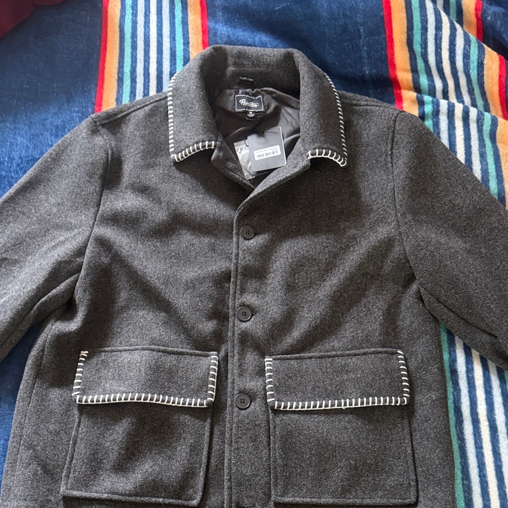 Primitive Charcoal Wool-Blend Pea Coat Jacket with Contrast Stitching